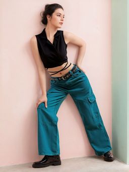 Freehand - Women Baggy Solid High Rise Overdyed Denim Cargo Green Jeans