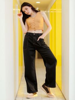 Freehand - Women Loose Fit Solid High Rise Denim Cargo Blue Jeans