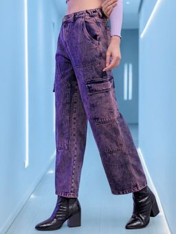 Freehand - Women Loose Fit Solid High Rise Denim Cargo Purple Jeans