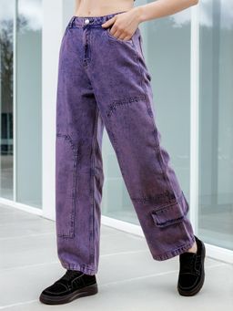 Freehand - Women Relaxed Fit Solid Mid Rise Denim Cargo Purple Jeans