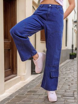 Freehand - Women Relaxed Fit Solid Mid Rise Denim Cargo Blue Jeans