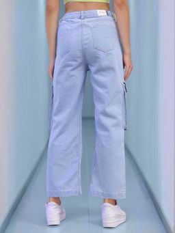 Freehand - Women Relaxed Fit Solid Mid Rise Denim Cargo Blue Jeans