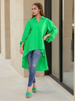 Freehand - Women Loose Fit Solid High Low Shirt Dress