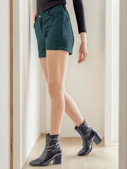 Freehand - Women Skinny Fit Solid Corduroy Shorts Green