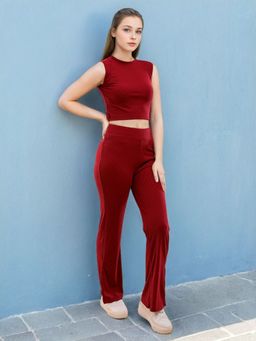 Freehand - Women Maroon Solid Crop Top with Trouser Co-Ord (Set of 2)