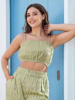 Freehand - Women Green Textured Crop Top with Pant Co-Ord (Set of 2)