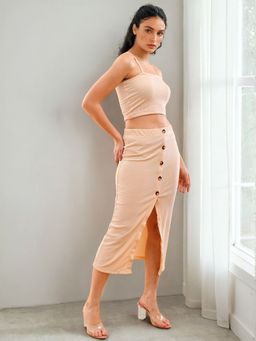 Freehand - Women White Fitted Solid Crop Top with Button Down Skirt Co-Ord (Set of 2)