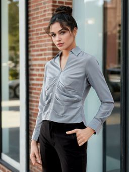 Freehand - Women Blue Regular Fit Solid Pleated Top