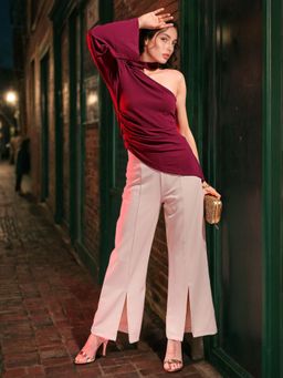 Freehand - Women Maroon Fitted Solid One Shoulder Top