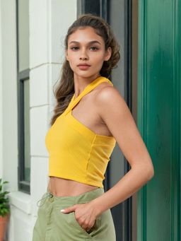 Freehand - Women Yellow Fitted Solid Crop Top