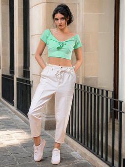 Freehand - Women Green Fitted Solid V-Neck Crop Top