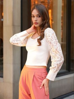 Freehand - Women White Solid Fitted Top with Lace Sleeves
