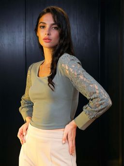 Freehand - Women Grey Solid Fitted Top with Lace Sleeves