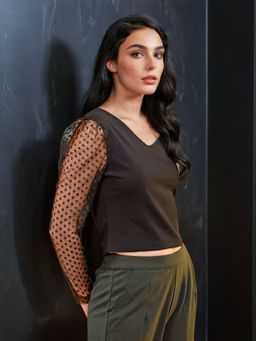 Freehand - Women Black Partywear Solid Fitted Top with Mesh Sleeves
