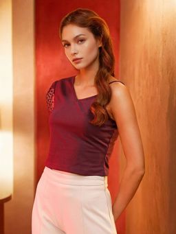 Freehand - Women Wine Partywear Solid Fitted Top with Mesh Sleeves
