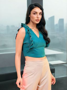 Freehand - Women Green Fitted Solid Ruffle Crop Top