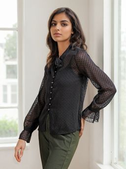 Freehand - Women Black Regular Fit Textured V-Neck Top