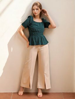 Freehand - Women Green Fit and Flared Textured Peplum Top