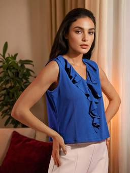 Freehand - Women Navy Blue Fitted Solid Ruffled Top
