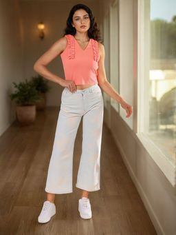 Freehand - Women Peach Fitted Textured Ruffled Top