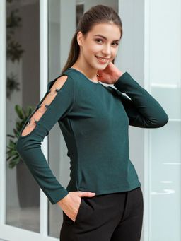 Freehand - Women Green Fitted Textured Round Neck Top