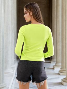 Freehand - Women Green Fitted Solid Full Sleeves Rib Top