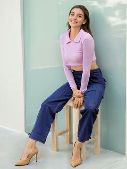 Freehand - Women Purple Fitted Solid Shirt Style Polo T-shirt