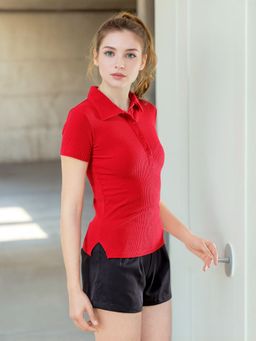 Freehand - Women Red Fitted Solid Short Sleeve Top