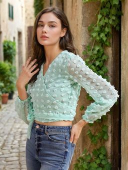 Freehand - Women Green Fitted Textured Wrap Top