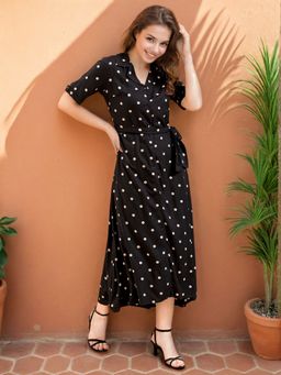 Freehand - Women A-Line Polka Dot Dress with Belt