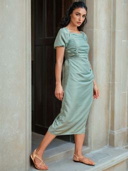 Freehand - Women Sea Green A-Line Solid Pleated Dress