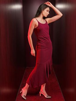 Freehand - Women Maroon Textured Ruffle Dress