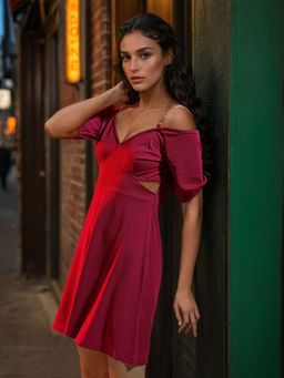 Freehand - Women Maroon Textured Cut Out Dress