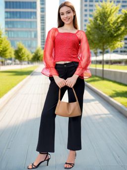 Freehand - Women Regular Fit Textured Square Neck Balloon Top