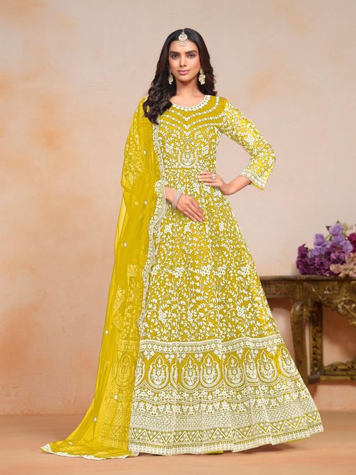 Odette Yellow Embroidered Net Semi Stitched Gown with Dupatta (Set of 2)