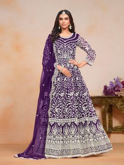 Odette - Purple Embroidered Net Semi Stitched Gown with Dupatta (Set of 2)