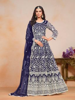 Odette - Navy Blue Embroidered Net Semi Stitched Gown with Dupatta (Set of 2)