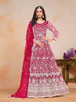 Odette - Pink Embroidered Net Semi Stitched Gown with Dupatta (Set of 2)