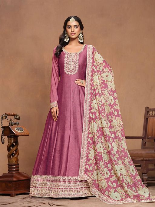 Odette Mauve Embroidered Art Silk Semi Stitched Gown with Dupatta (Set of 2)