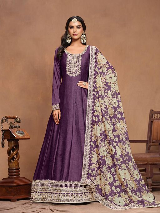 Odette Purple Embroidered Art Silk Semi Stitched Gown with Dupatta (Set of 2)