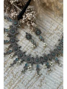 Kapraaha - Oxidised Silver Hexa Choker Set with Green Stones and Pearls