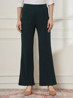 FITHUB - Women Green Flared High-Rise Cotton Boot Cut Trouser