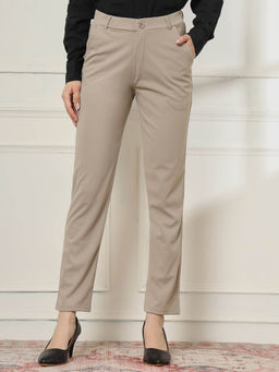 FITHUB - Women Beige Smart Slim Fit High-Rise Formal Trouser