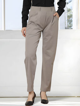 FITHUB - Women'S Grey High-Rise Regular Fit Formal Cigarette Trouser