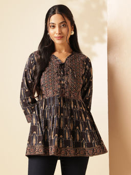 Vbuyz - Women Black Floral Printed Flared Cotton Stitched Tunic