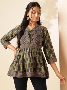 Vbuyz - Women Aqua Blue Floral Printed Flared Cotton Stitched Tunic