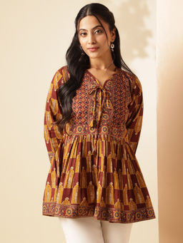 Vbuyz - Women Mustard Floral Printed Flared Cotton Stitched Tunic