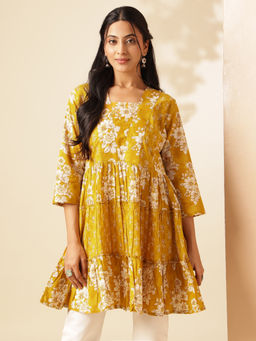 Vbuyz - Women Yellow Floral Printed Anarkali Cotton Stitched Tunic