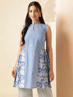 Vbuyz - Women Sky Blue Printed A-Line Cotton Stitched Tunic