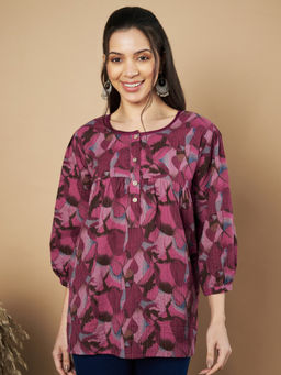 Vbuyz - Women Wine Floral Printed Flared Cotton Stitched Tunic